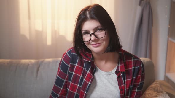 Happy Woman Smiling Portrait Student Couch Home