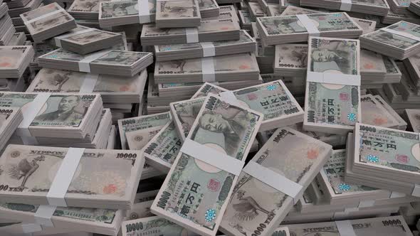 10000 Japanese Yen Banknote Bundles Scattered