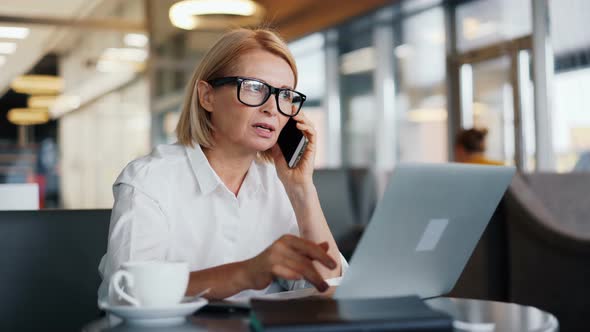 Beautiful Business Lady Talking on Mobile Phone and Working with Laptop in Cafe