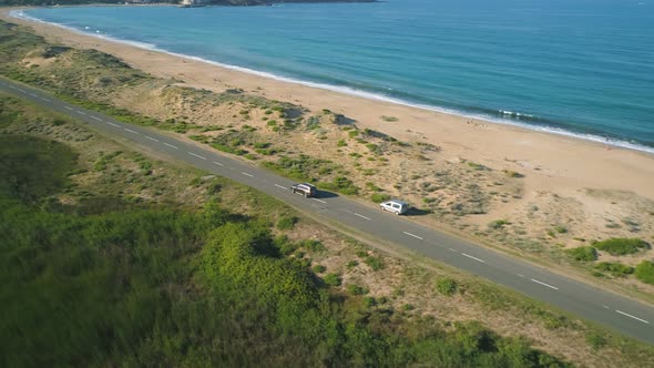 Truck Driving Along the Coastal Road Above Sand Shore. Sozopol, Bulgaria