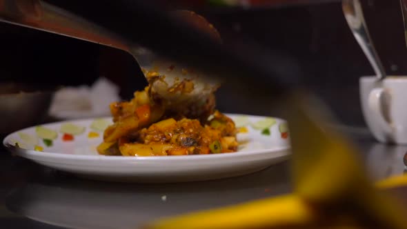 ready pasta put on the plate for eating cinematic shot