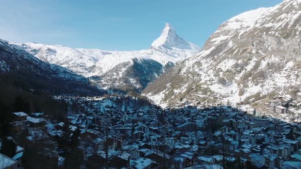Aerial View on Zermatt Valley and Matterhorn Peak in the Morning