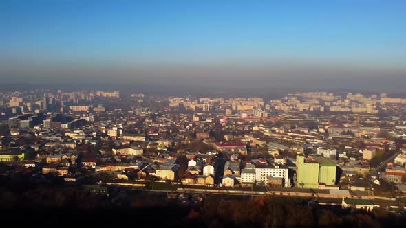 Aerial view of a drone flying over the city.