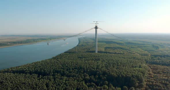 Braila Suspension Bridge Under Construction Over Danube River In Romania