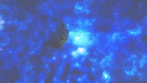 Flying Through Abstract Space Nebula to Planets with Asteroids Belt and Star Shine alt