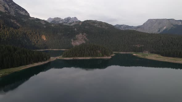 Aerial view of the Black Lake or Crno jezero , Montenegro, Zabljak, Europe