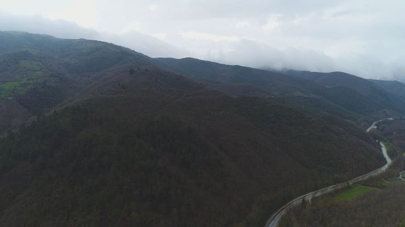 Foggy Valley Road With  Aerial Drone