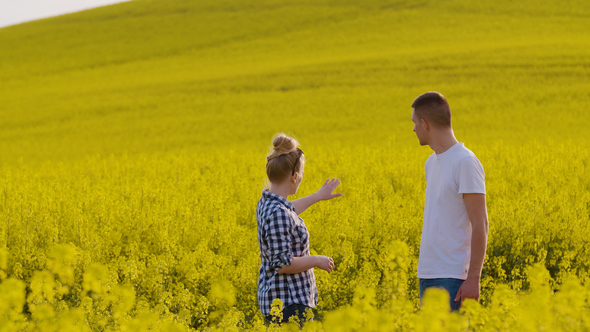Farmers Discussing At Rapeseed Field