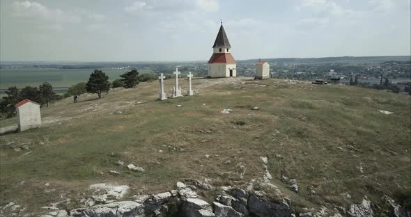 Aerial shot of Calvary Chapel on Hill in Nitra on sunny day, Slovakia