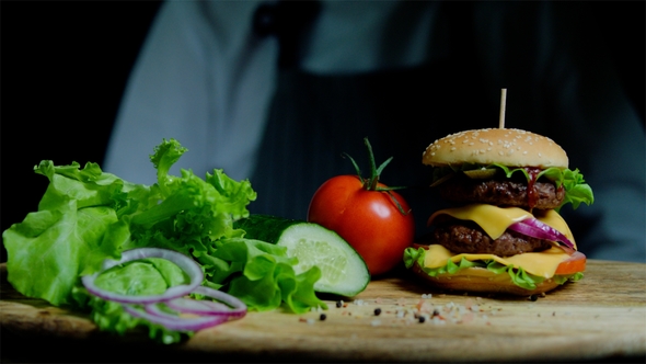 Fresh Vegetables and Tasty Burger with Cheese and Beef Cutlets