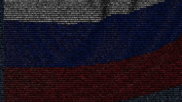 Waving Flag of Russia Made of Text Symbols on a Computer Screen