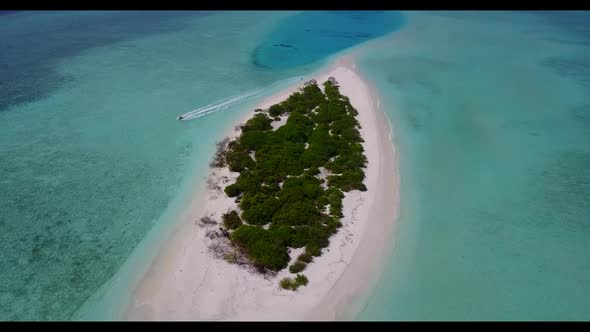 Aerial top down sky of relaxing bay beach break by blue sea and white sandy background of a dayout n