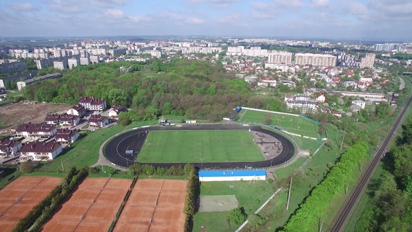 Aerial Small Stadium in the City Without People From Above