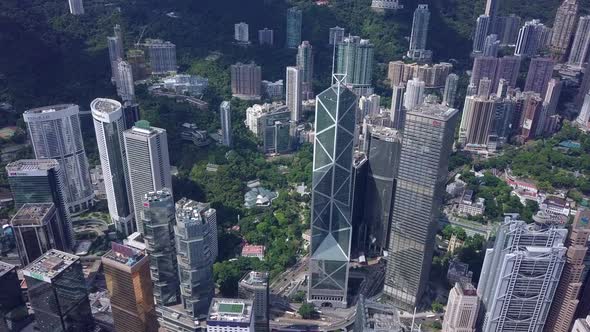 Drone fly down over the central district in Hong Kong city