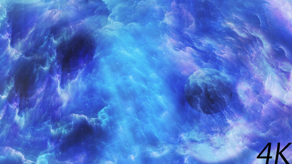 Flying Through Abstract Colorful Space Nebula with Planets and Star Shine alt
