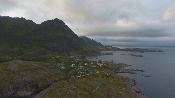 Aerial View of Fishing Village A in Lofoten Islands at Midnight Sun, Norway