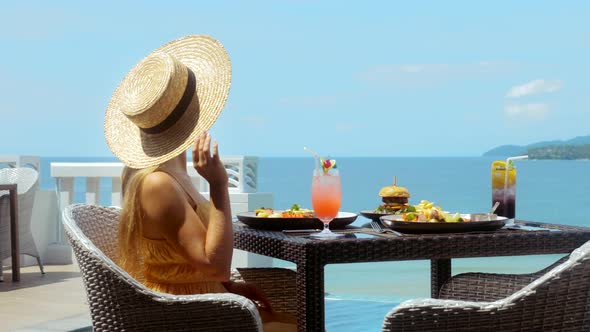 Lunch Table and Luxury Travel Woman on Vacation View of Sea Enjoy Vacation
