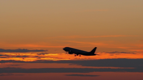Airplane Black Silhouette Flying Against Golden Evening Sky