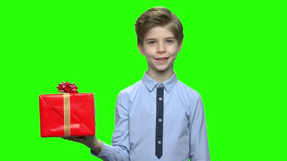Cute Caucasian Little Boy Holding Red Gift Box