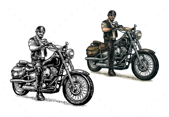 Biker Riding a Motorcycle Vector Engraved