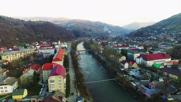 Tisa River And Rakhiv Town Square In Ukraine