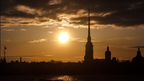 Peter and Paul Cathedral on the Background of the May Sunset. Saint Petersburg