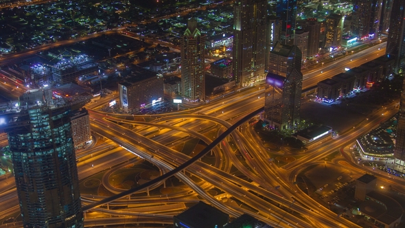 Dubai Scenic Aerial View of Big Highway Intersection Night