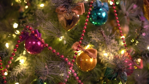 A Christmas Tree Decorated with Christmas Tree Toys and Shining Lights, . Christmas Tree Gold Bokeh
