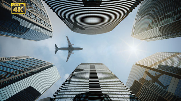 Airplane Flying Above Skyscrapers Modern City