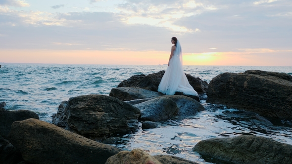 Girl in Wedding Luxury Dress Posing on Sea Shore. Bride on a Rocks. Beautiful Waves Near To Her
