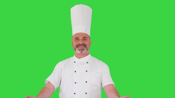 Professional Chef Man Making Welcome Gesture To Camera on a Green Screen Chroma Key