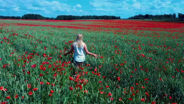 Young Blonde Woman  is Walking Through a Poppies Field Feeling Happy