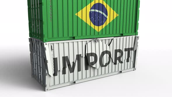 Cargo Container with Flag of Brazil Breaks Container with IMPORT Text alt