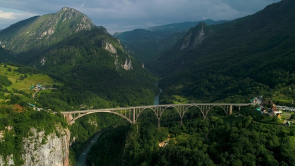 Aerial View of Durdevica Tara Arc Bridge in the Mountains, One of the Highest Automobile Bridges in