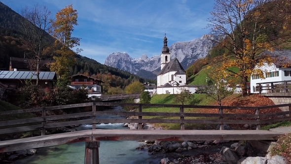 Flight Near Church in Ramsau, Berchtesgaden, Germany