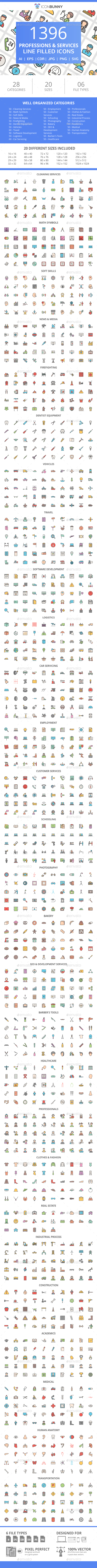 1396 Professions & Services Filled Line Icons