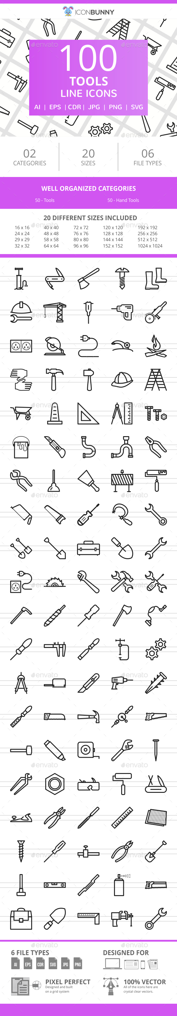 100 Tools Line Icons