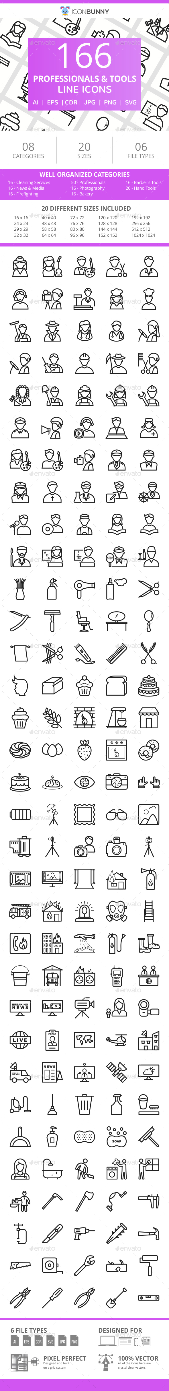 166 Professionals & their tools Line Icons