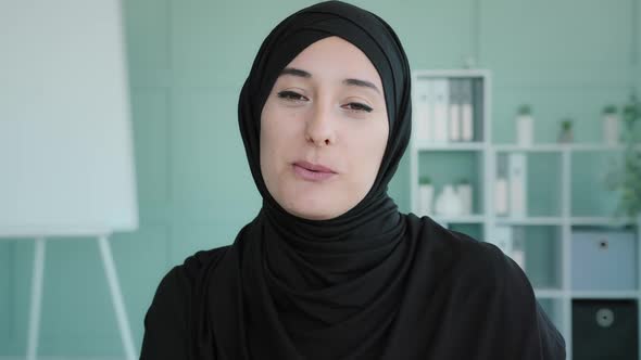 Webcam View Happy Smiling Talking Muslim Online Teacher Remote Conversation Islamic Woman in Black
