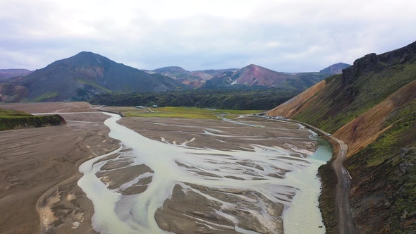 Iceland. Majestic aerial flight through the epic landscape of Iceland River.  Amazing nature.