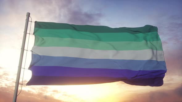 MLM Pride Flag Waving in the Wind Sky and Sun Background