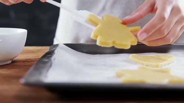 Woman placing gingerbread cookies in baking tray 4k