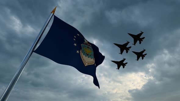 Waving United States Airforce Military Flag and Group of Warplanes Flying