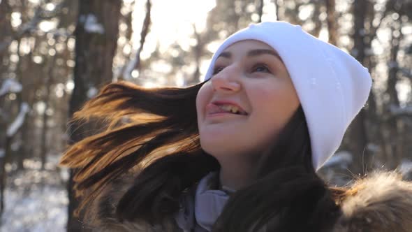 Portrait of Woman in Winter Clothes Showing Funny Grimace. Cheerful Lady Having Positive Emotions