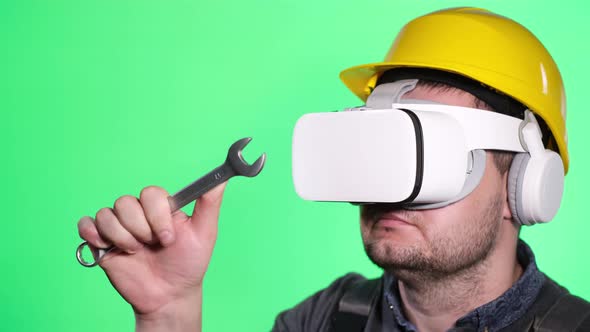 Engineer with Virtual Reality Goggles Portrait of Worker on Chromakey Background