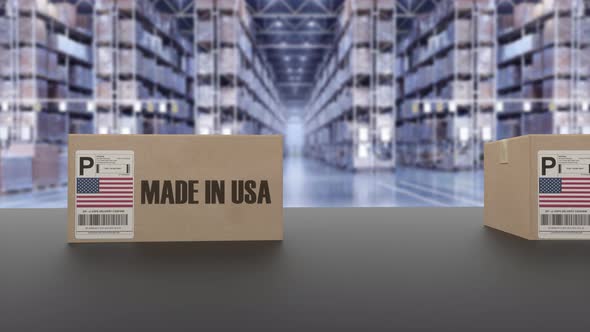 Boxes with MADE IN USA Text on Conveyor