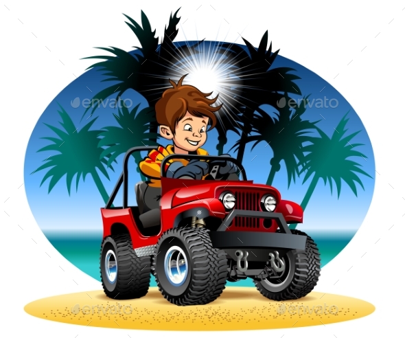 Vector Cartoon Boy Driving 4X4 Car on the Beach