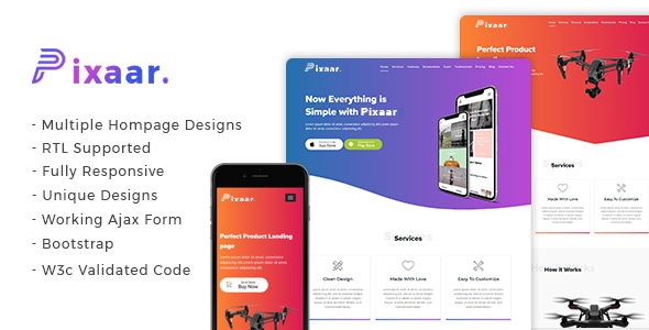 Pixaar - Creative App & Product Showcase Landing Page + RTL
