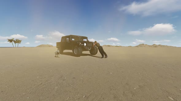 Man Doing Push-Ups On His Car In Desert