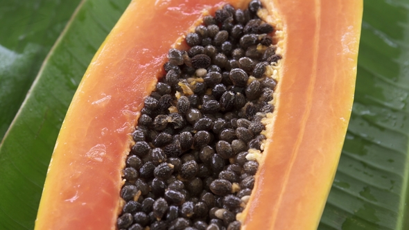 A Half of Fresh Raw Exotic Tropical Thai Fruit Carica Papaya Rotating on Banana Leaf